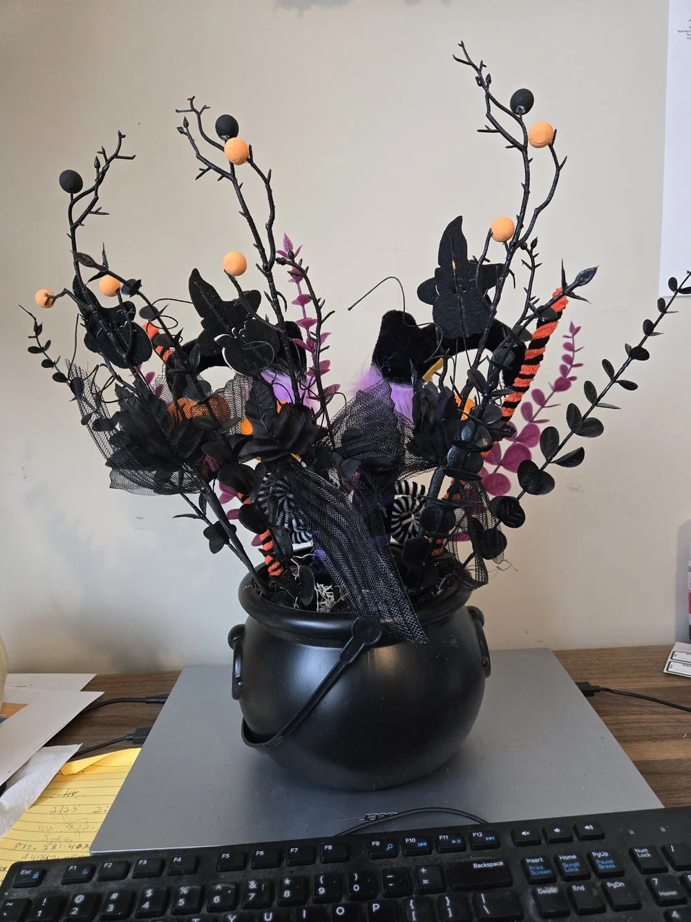Halloween Witch Cauldron Table Centerpiece - Black, Purple & Orange